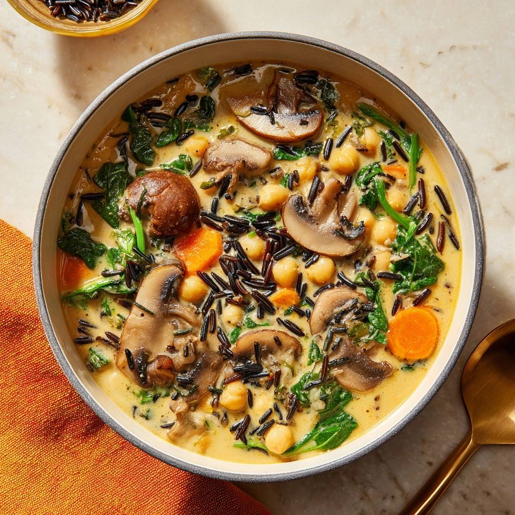 Cremiger Pilz Wildreis Mit Spinat Draufsicht 1 Cremiger Pilz-Wildreis mit Spinat, Karotten und Kichererbsen in einer Schüssel, serviert von oben mit frischen Zutaten.
