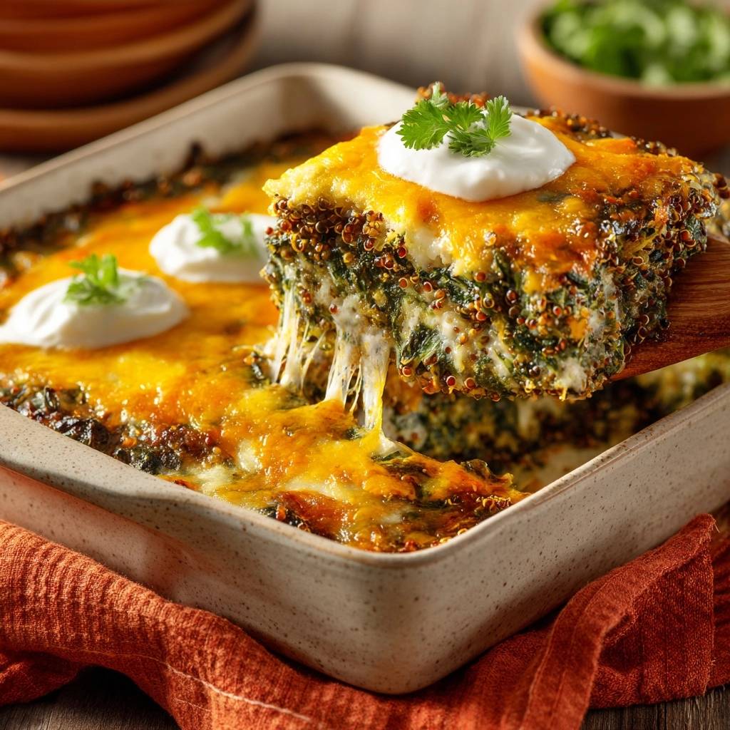 Cremiger Quinoa-Brokkoli-Käse-Auflauf mit einem geschmolzenen Käse-Querschnitt, der die cremige Textur zeigt und mit frischen Kräutern garniert ist.