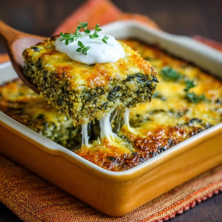 Cremiger Quinoa-Brokkoli-Käse-Auflauf mit geschmolzenem Käse und einem saftigen Querschnitt, serviert mit frischer Kräutergarnitur.