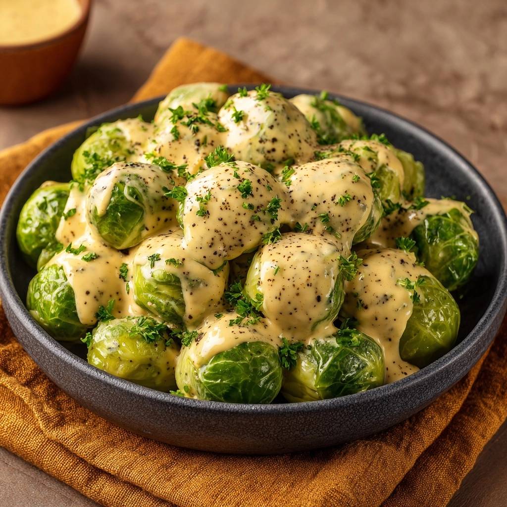 Cremiger Rosenkohl Mit Petersilie Nahaufnahme 1 Cremiger Rosenkohl mit Petersilie in einer Nahaufnahme, bedeckt mit cremiger Sauce und frisch gehackter Petersilie. Ein köstliches vegetarisches Gericht.