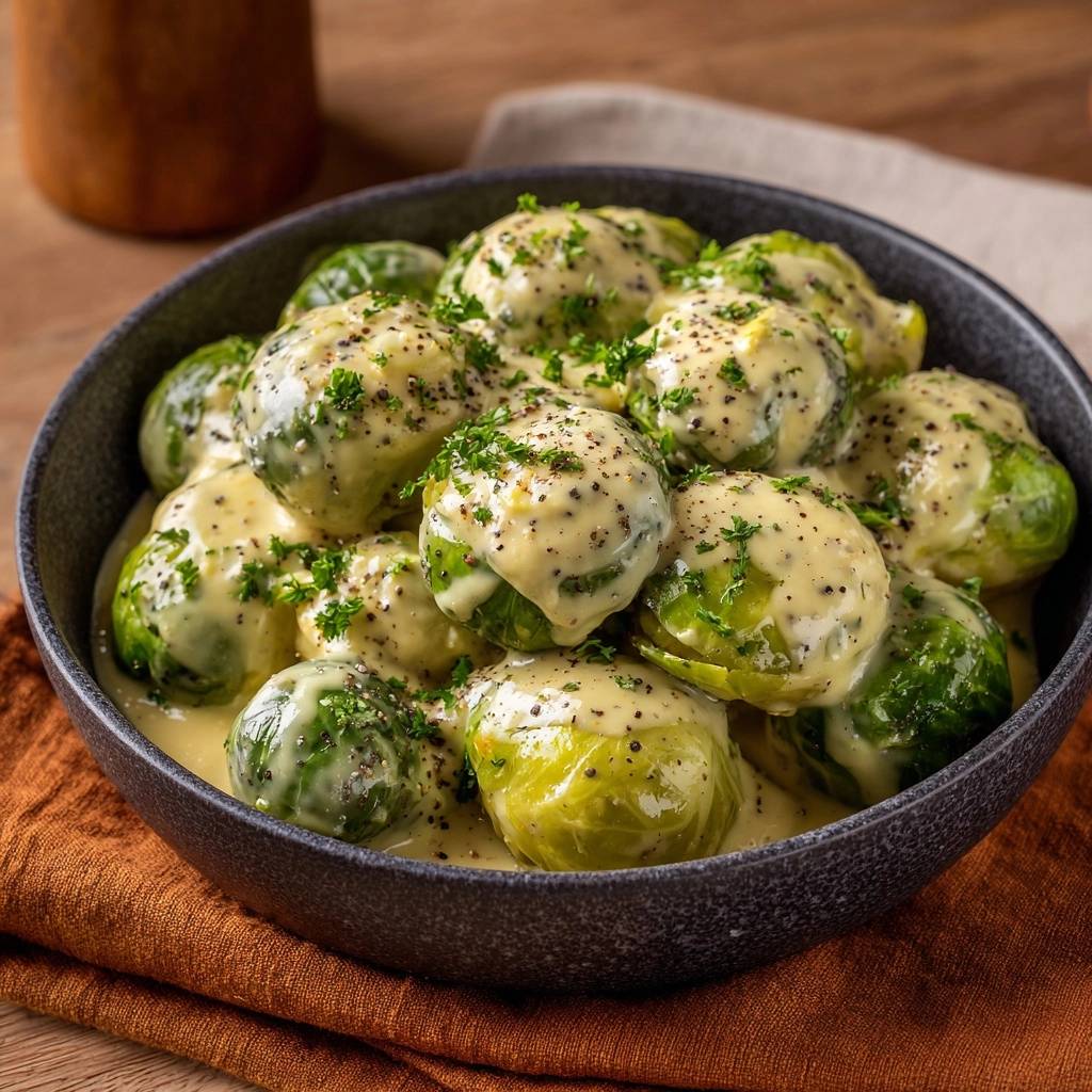 Cremiger Rosenkohl mit Petersilie in einer Schüssel, serviert mit cremiger Sauce und frisch gehackter Petersilie, Nahaufnahme der Textur.