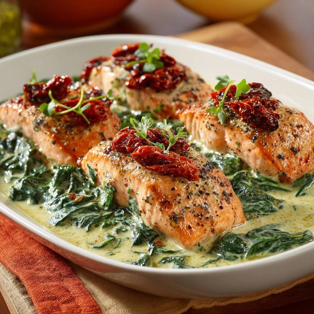 Cremiger Spinat-Lachs mit Sonnentomaten serviert in einer cremigen Soße, garniert mit frischen Kräutern, angerichtet in einer weißen Auflaufform.