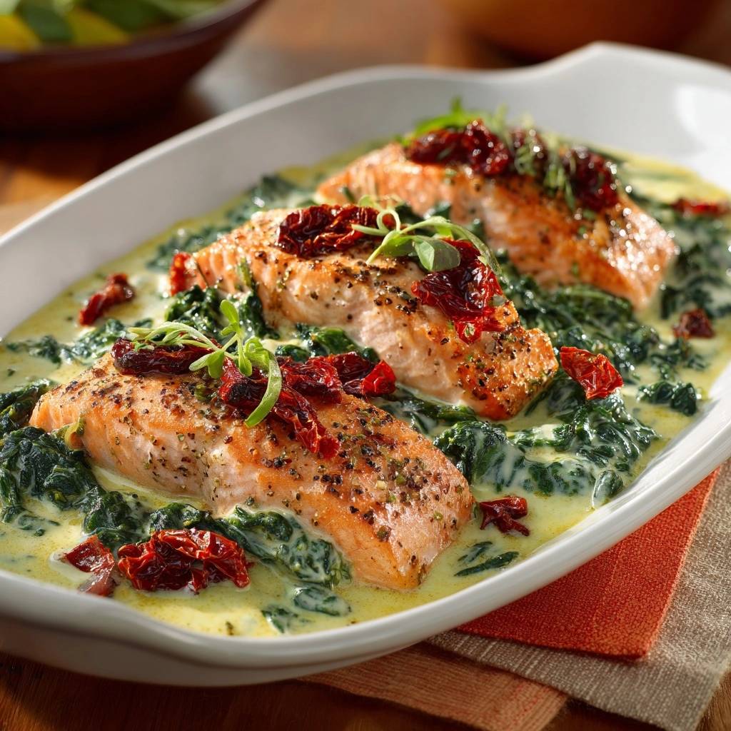 Cremiger Spinat-Lachs mit Sonnentomaten serviert. Köstliche Lachsfilets mit cremiger Spinatsoße, getrockneten Tomaten und frischen Kräutern garniert, serviert in einer Auflaufform.