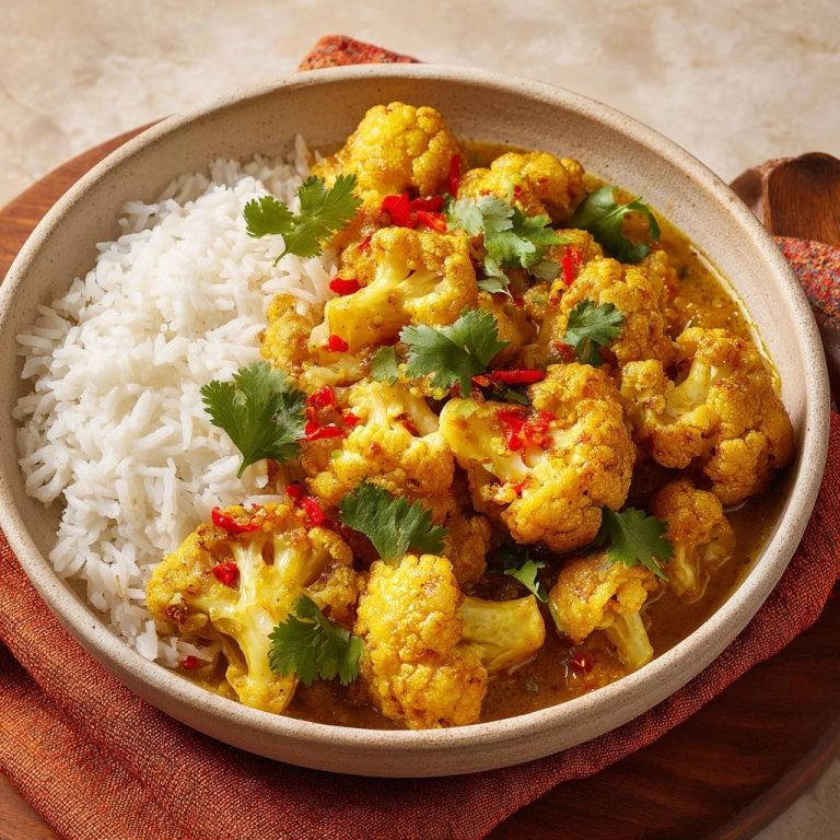 Cremiges Blumenkohl-Curry mit Basmatireis, serviert in einer Schüssel, mit frischen Kräutern garniert und von oben fotografiert.