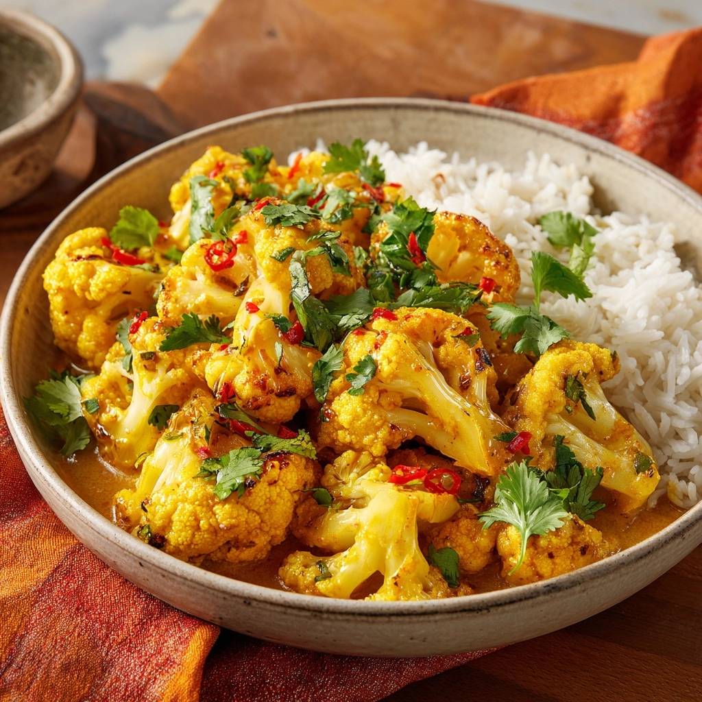 Cremiges Blumenkohl Curry Mit Basmatireis Von Oben Serviert 1 Cremiges Blumenkohl-Curry mit Basmatireis, serviert in einer Schüssel. Der Blumenkohl ist mit frischen Kräutern und Chiliringen garniert.