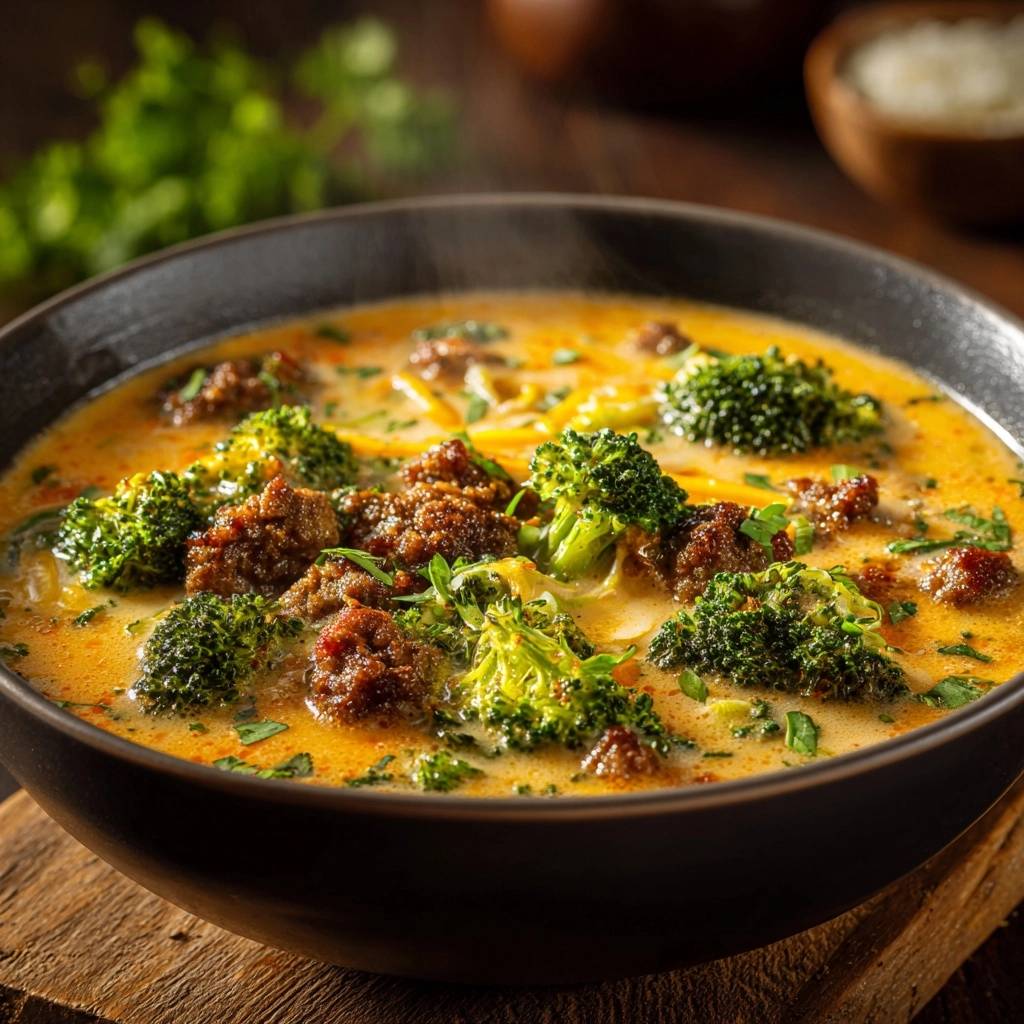Cremiges Brokkoli Curry Mit Fleischbaellchen Nahaufnahme 1 Cremiges Brokkoli-Curry mit saftigen Fleischbällchen in Nahaufnahme, dampfend serviert in einer tiefen schwarzen Schüssel. Die cremige Textur ist deutlich sichtbar.