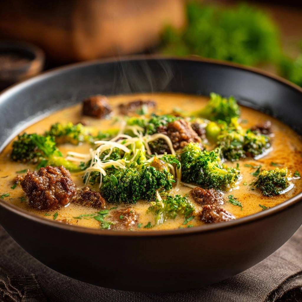 Cremiges Brokkoli-Curry mit saftigen Fleischbällchen in einer Nahaufnahme, dampfend heiß und appetitlich serviert. Der Blick zeigt die frischen Zutaten.