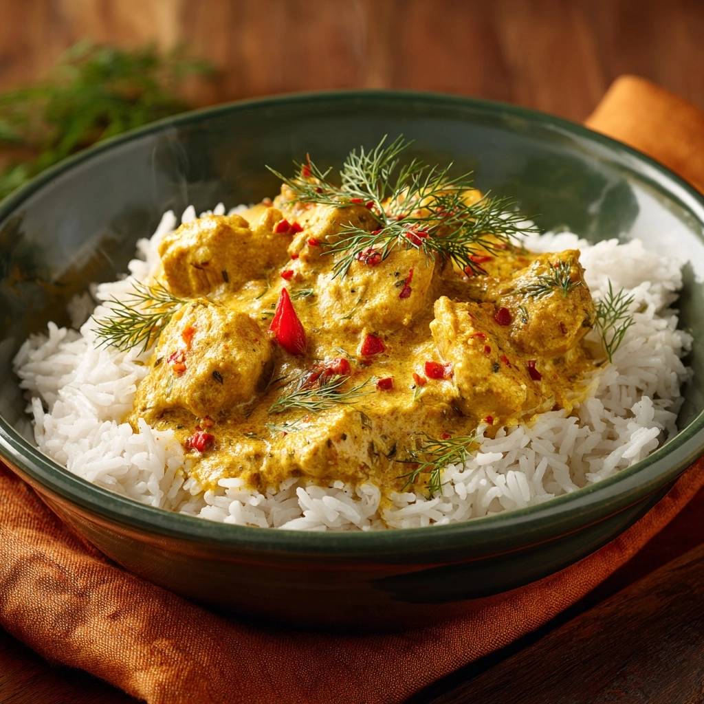 Cremiges Dill Huhnercurry Serviert 1 Cremiges Dill-Hühnercurry serviert in einer grünen Schüssel, garniert mit frischem Dill und roten Chiliflocken, dampfend und appetitlich.