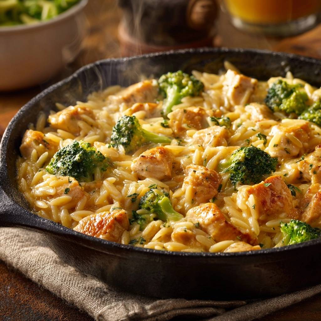 Cremiges Hähnchen-Orzo mit Brokkoli in einer Pfanne, eine Nahaufnahme, die das dampfende Gericht und die Textur zeigt.