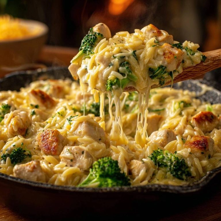 Cremiges Hähnchen-Orzo mit Brokkoli in Nahaufnahme, wobei der geschmolzene Käse von der Holzschaufel herunterläuft und die Textur zeigt.