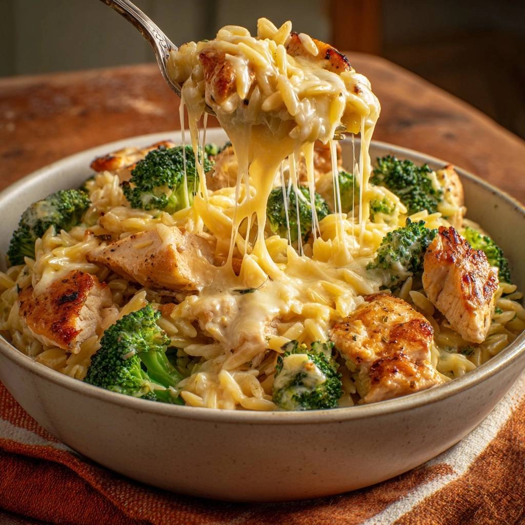 Cremiges Hhnchen Orzo Mit Brokkoli Kaese Zieht 1 Cremiges Hähnchen-Orzo mit Brokkoli, mit geschmolzenem Käse, der sich von der Gabel zieht, serviert in einer Schüssel.