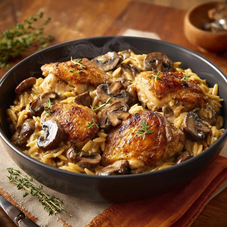Cremiges Hähnchen-Orzo mit Pilzen, eine köstliche Draufsicht, zeigt saftiges Hähnchen mit cremiger Sauce und Pilzen, serviert in einer dunklen Schüssel.