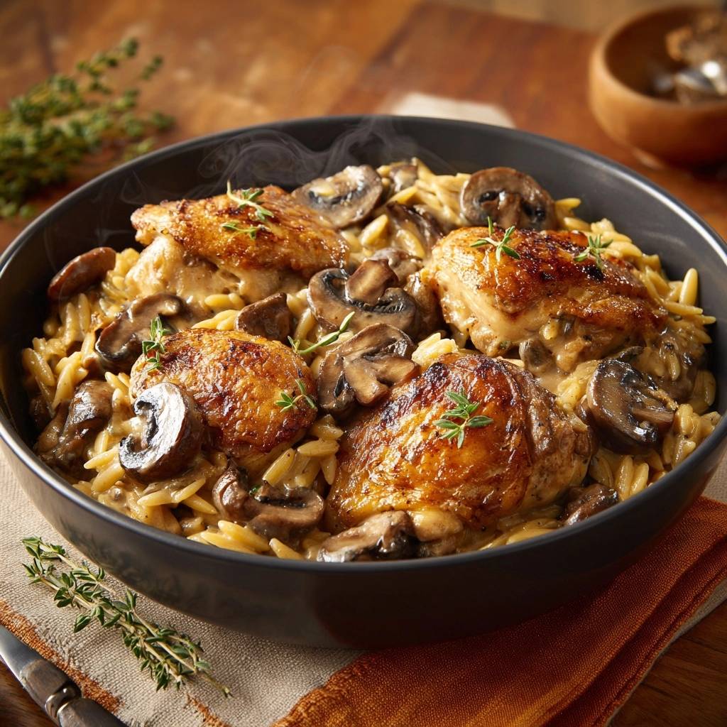 Cremiges Hähnchen-Orzo mit Pilzen, eine köstliche Draufsicht, zeigt saftiges Hähnchen mit cremiger Sauce und Pilzen, serviert in einer dunklen Schüssel.