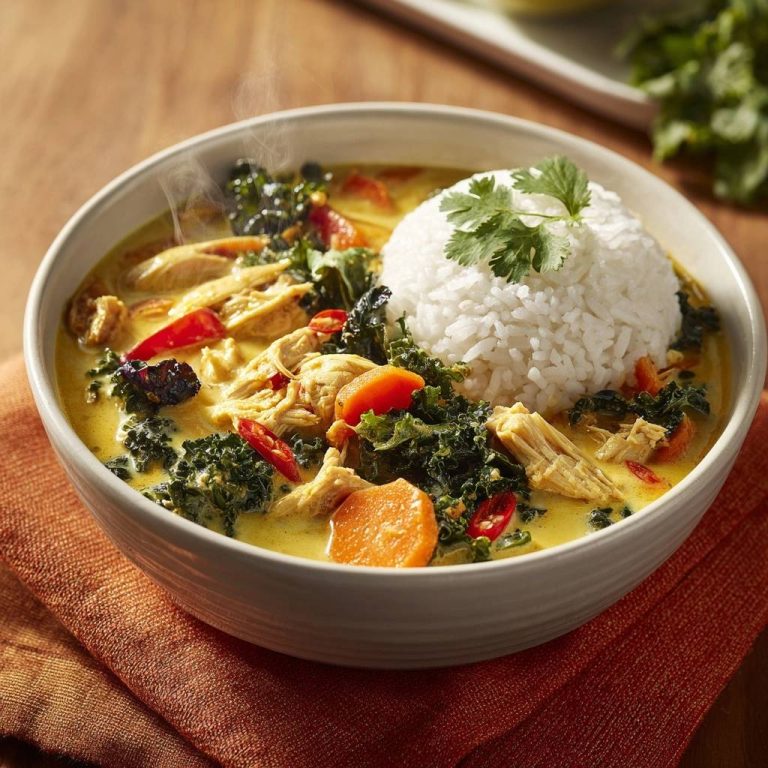 Cremiges Hühner-Curry mit Grünkohl, serviert in einer Schüssel mit Reis und garniert mit Koriander.