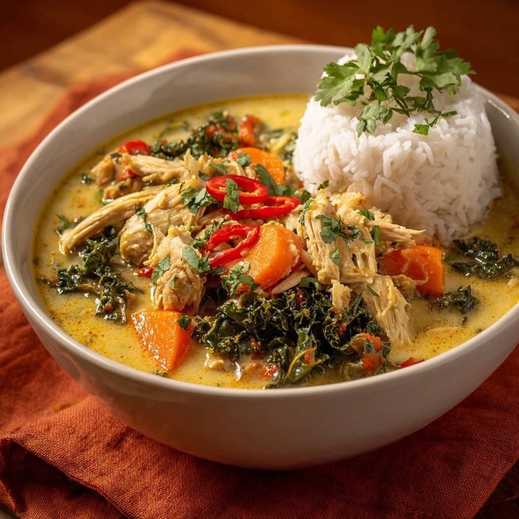 Cremiges Hühner-Curry mit Grünkohl, serviert in einer Schüssel mit Reis und frischen Kräutern, für ein köstliches Mittagessen.