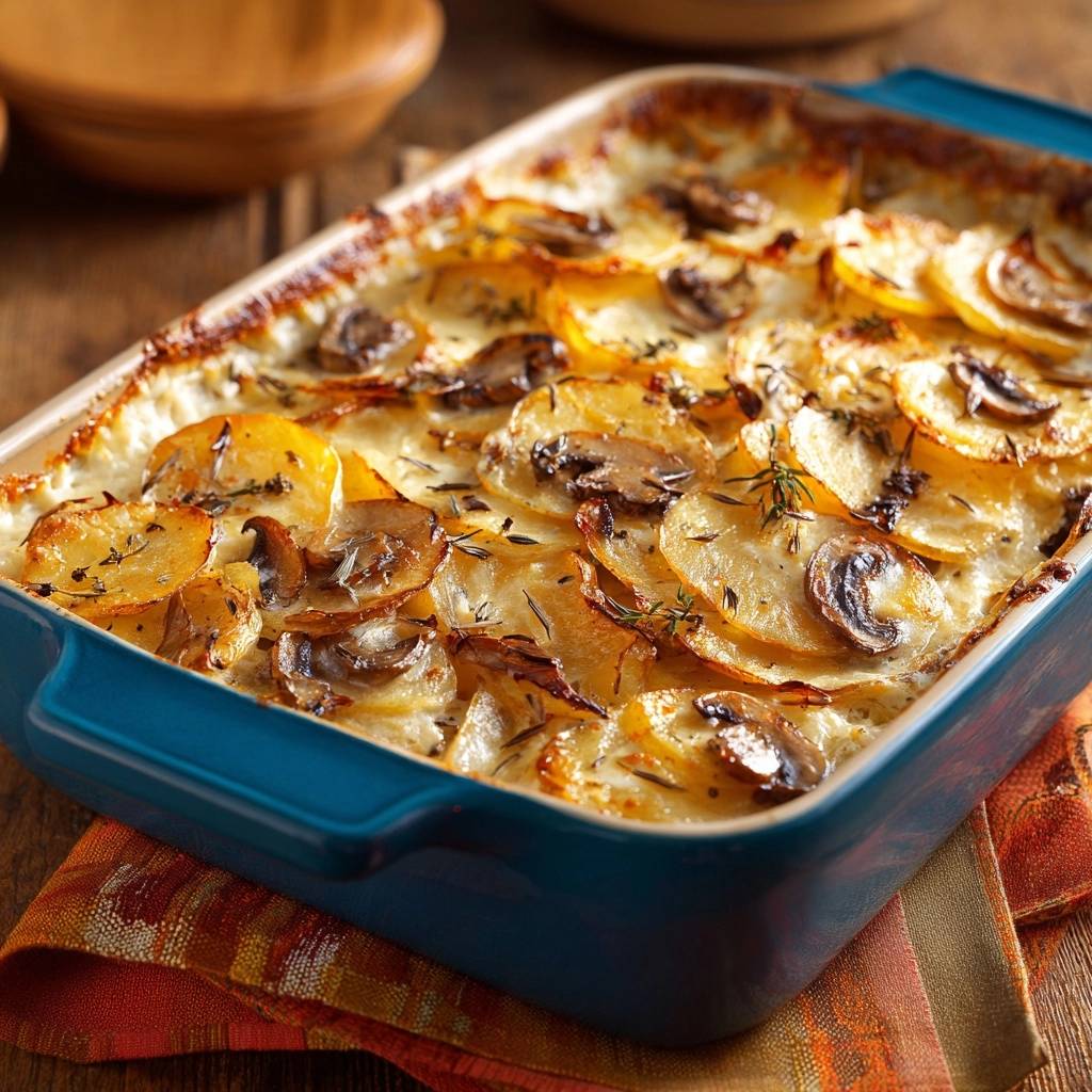 Cremiges Kartoffel Pilz Gratin Draufsicht 1 Cremiges Kartoffel-Pilz-Gratin in einer blauen Auflaufform, serviert aus der Vogelperspektive mit goldbrauner Kruste.