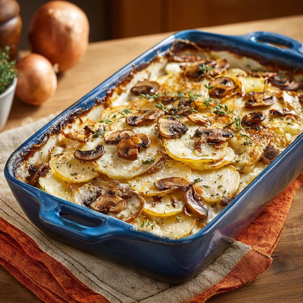 Cremiges Kartoffel-Pilz-Gratin in einer blauen Auflaufform, serviert mit frischen Kräutern und gebratenen Pilzen von oben.