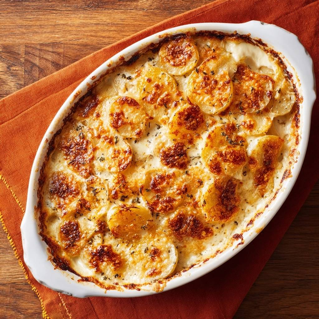 Cremiges Kartoffelgratin in einer Auflaufform, serviert von oben, mit goldbraun gebackenen Kartoffelscheiben. Ein köstliches Gericht ohne wässrige Soße.