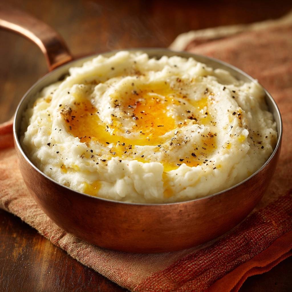 Cremiges Kartoffelpuree Mit Butter Draufsicht 1 Cremiges Kartoffelpüree mit geschmolzener Butter und frisch gemahlenem Pfeffer, serviert in einer kupferfarbenen Schüssel, von oben gesehen.