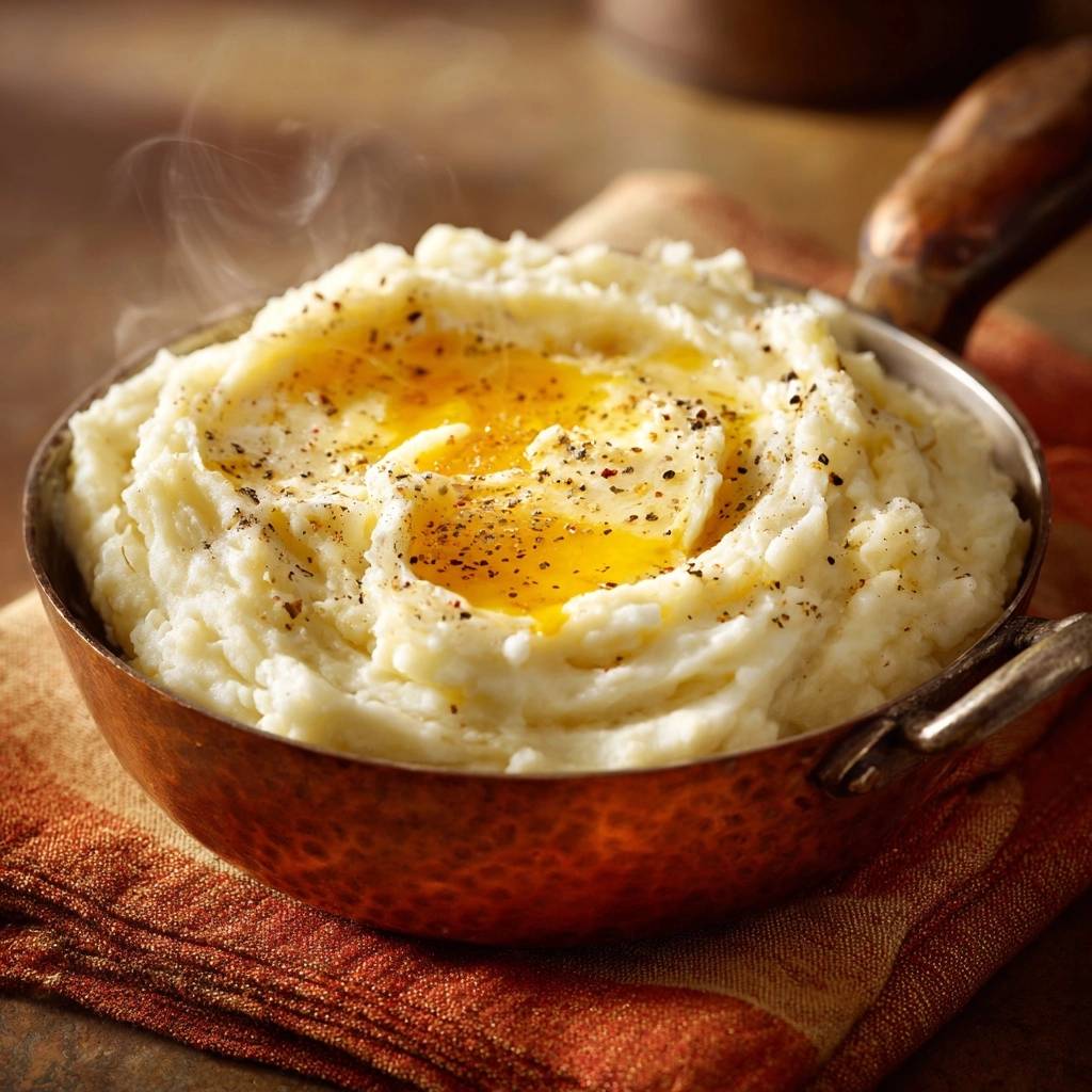 Cremiges Kartoffelpüree mit geschmolzener Butter und frisch gemahlenem Pfeffer, serviert in einer kupferfarbenen Schüssel, dampfend.