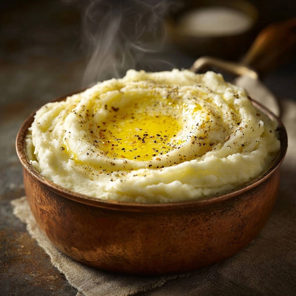 Cremiges Kartoffelpüree, verfeinert mit zerlassener Butter und frisch gemahlenem Pfeffer, in einer antiken Kupferschale serviert.