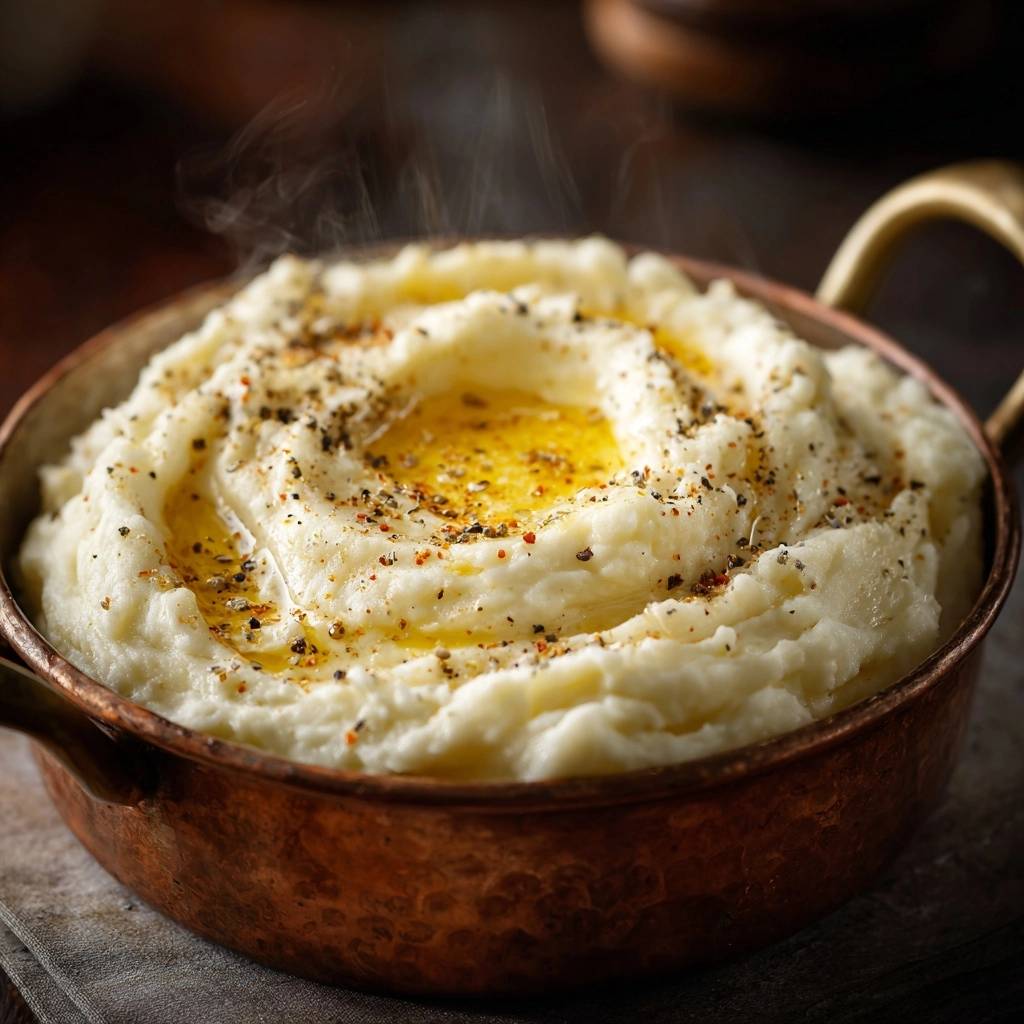Cremiges Kartoffelpüree, serviert in einer Kupferpfanne, wird mit Olivenöl und frisch gemahlenen Gewürzen garniert.