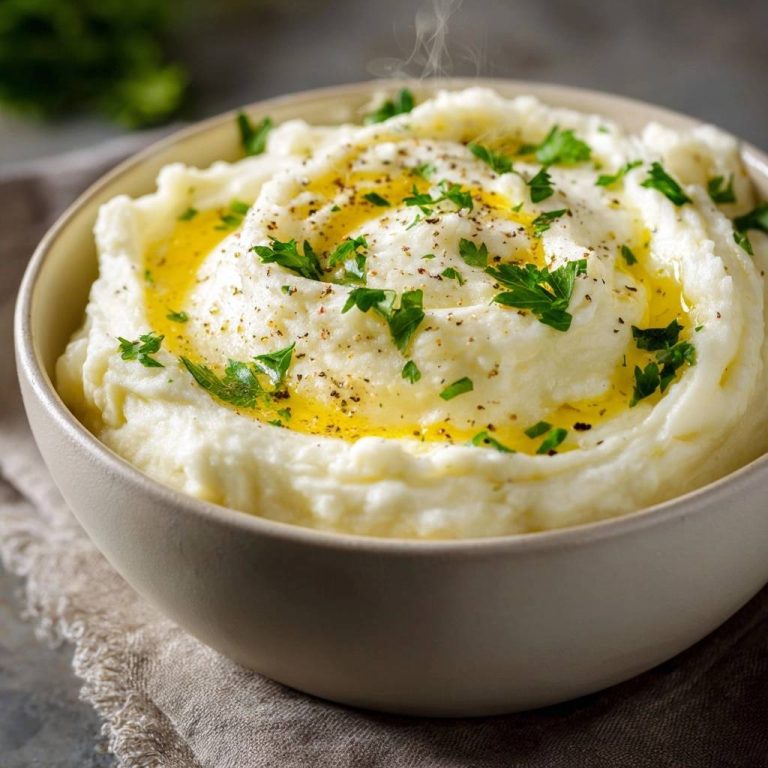 Cremiges Kartoffelpüree mit Olivenöl und Petersilie, garniert mit frischer Petersilie und einer leichten Ölspur, serviert in einer cremefarbenen Schüssel.
