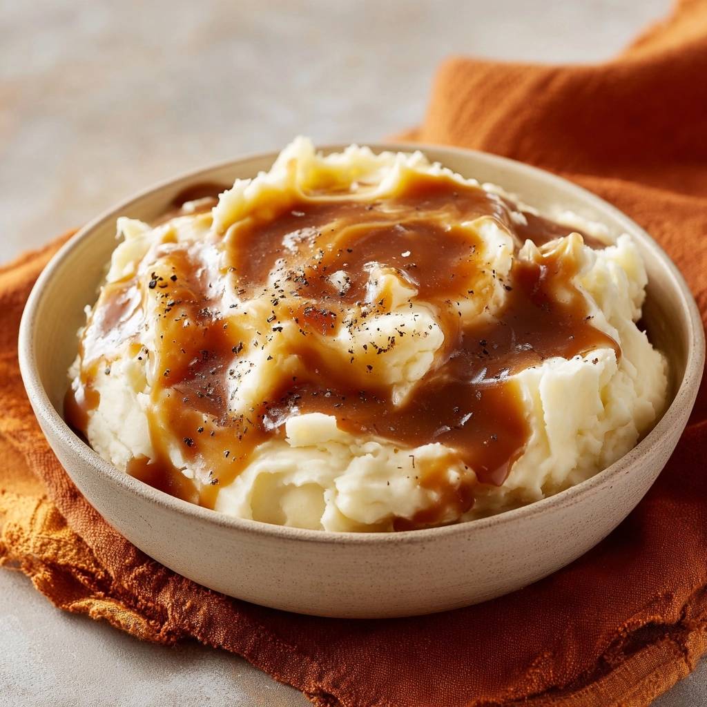 Cremiges Kartoffelpuree Mit Sosze Nahaufnahme 1 Cremiges Kartoffelpüree mit Soße, in einer Schüssel serviert, mit einer Nahaufnahme der cremigen Textur und der köstlichen Soße.