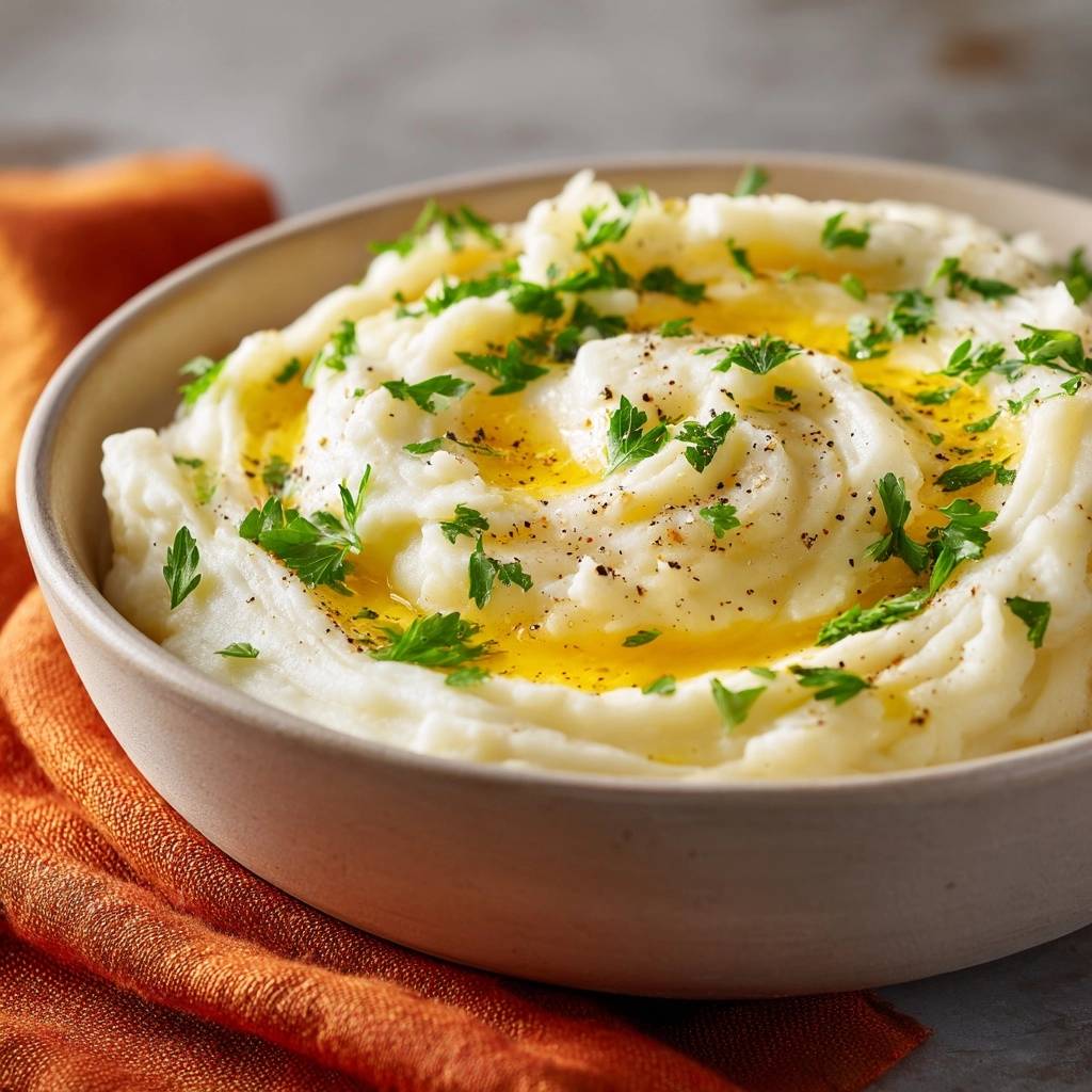 Cremiges Kräuter-Kartoffelpüree in einer Schüssel serviert. Die cremig-glatte Textur wird mit Kräutern und geschmolzener Butter garniert.