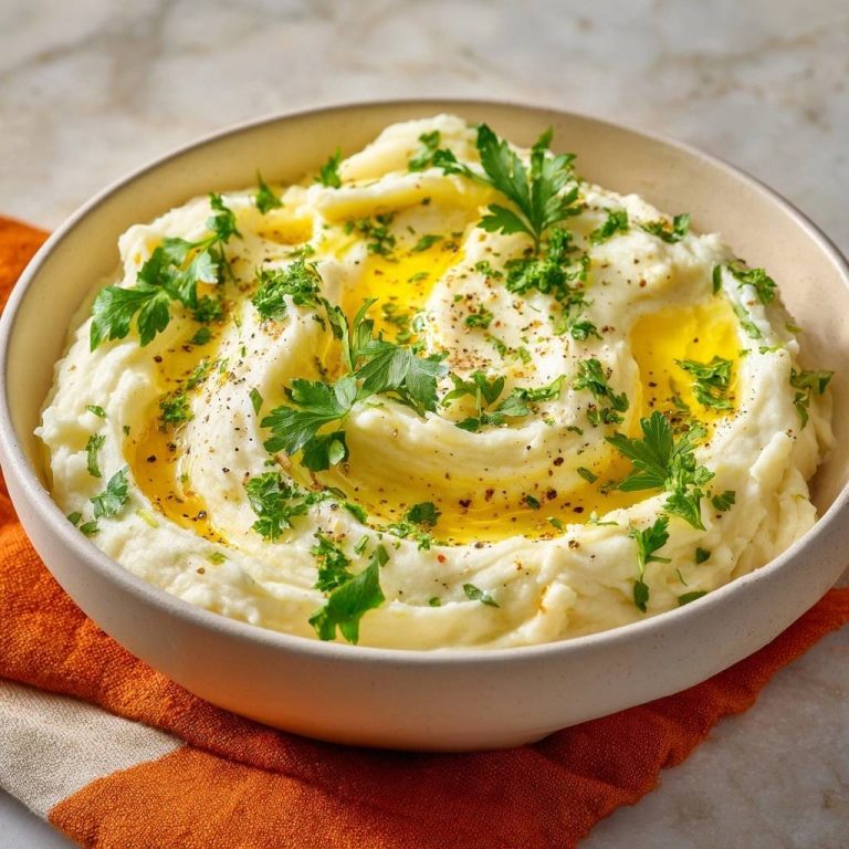 Cremiges Kräuter-Kartoffelpüree in einer Schüssel serviert, mit frischen Kräutern und einem Schuss Olivenöl garniert. Ein einfaches und köstliches Gericht.