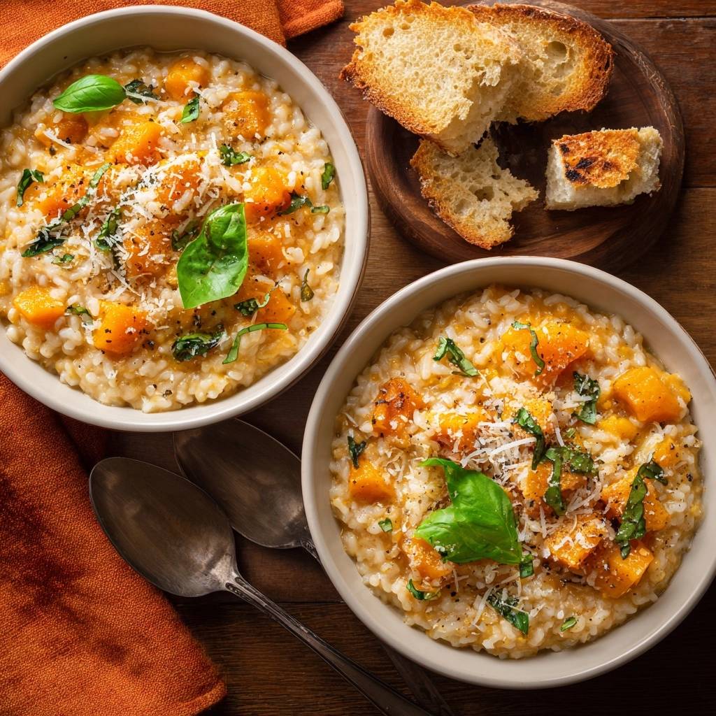 Cremiges Kürbisrisotto mit Salbei, serviert in zwei Schüsseln, garniert mit frischem Basilikum und geriebenem Käse, von oben fotografiert.