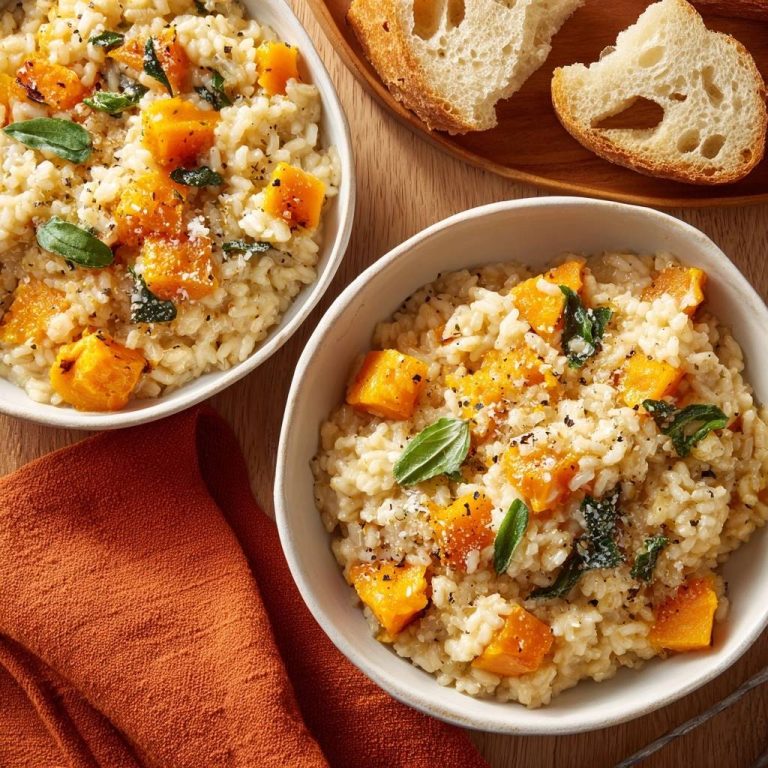 Cremiges Kürbisrisotto mit Salbei, serviert in zwei weißen Schalen, garniert mit frischem Salbei und Parmesan, draufsicht von oben. Dazu frisches Brot.