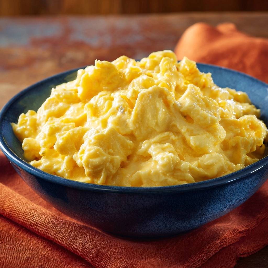 Cremiges Rührei in einer blauen Schüssel, Nahaufnahme des cremigen und fluffigen Frühstücksgerichts, das perfekt zubereitet wurde.