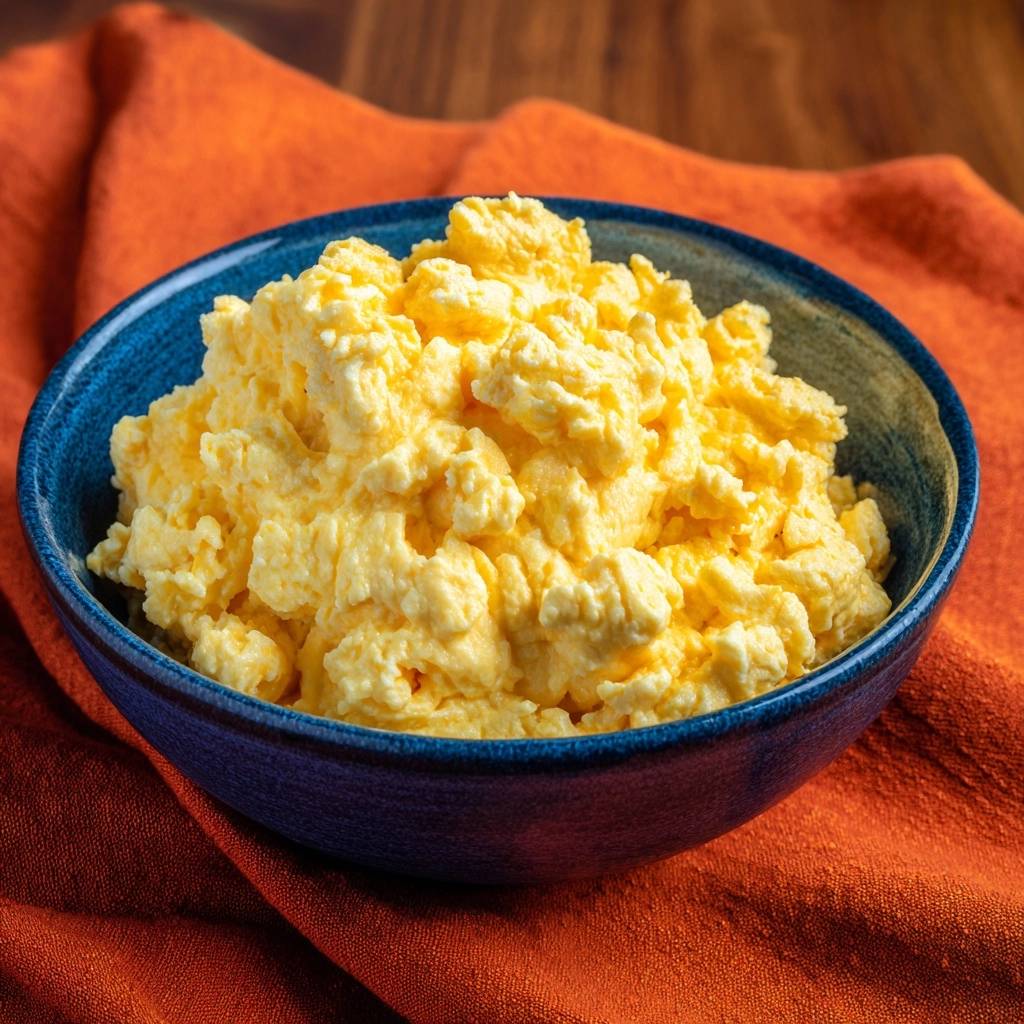 Cremiges Ruehrei In Blauer Schale Nahaufnahme 1 Cremiges Rührei in einer blauen Schale, das in einer Nahaufnahme die fluffige Textur des cremigen Rühreis zeigt.