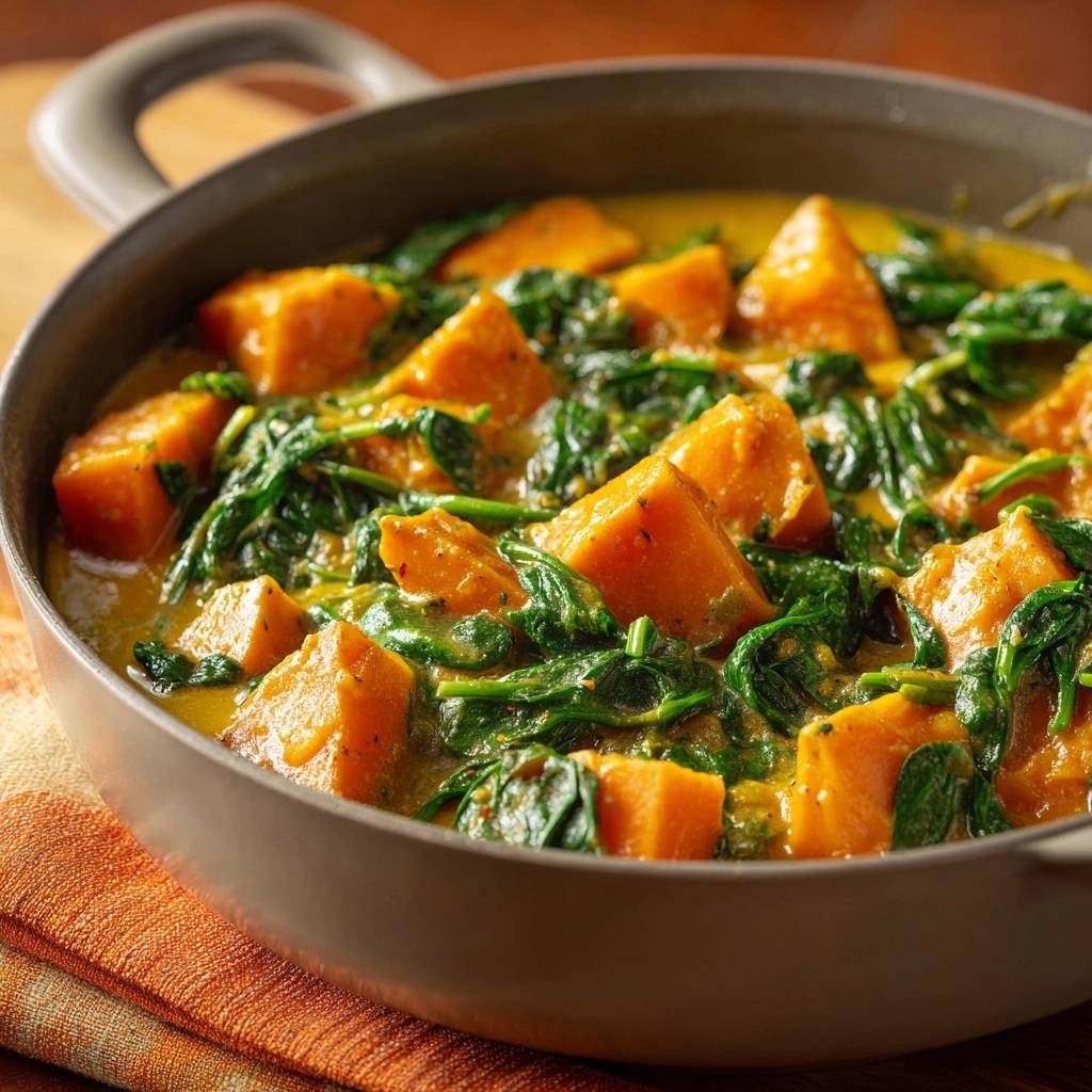 Cremiges Süßkartoffel-Spinat-Curry in einer Nahaufnahme, serviert in einer rustikalen Pfanne, die mit frischem Spinat und Süßkartoffeln gefüllt ist.