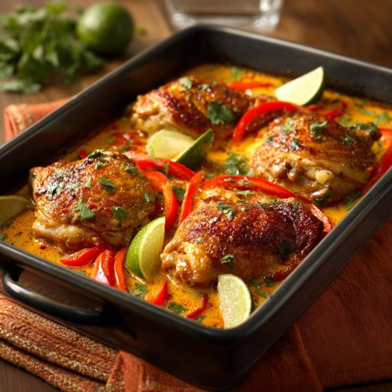 Cremiges Thai-Gelbcurry-Hähnchen aus dem Ofen in einer Auflaufform, serviert mit Limettenspalten und roten Paprikastreifen, von oben fotografiert.