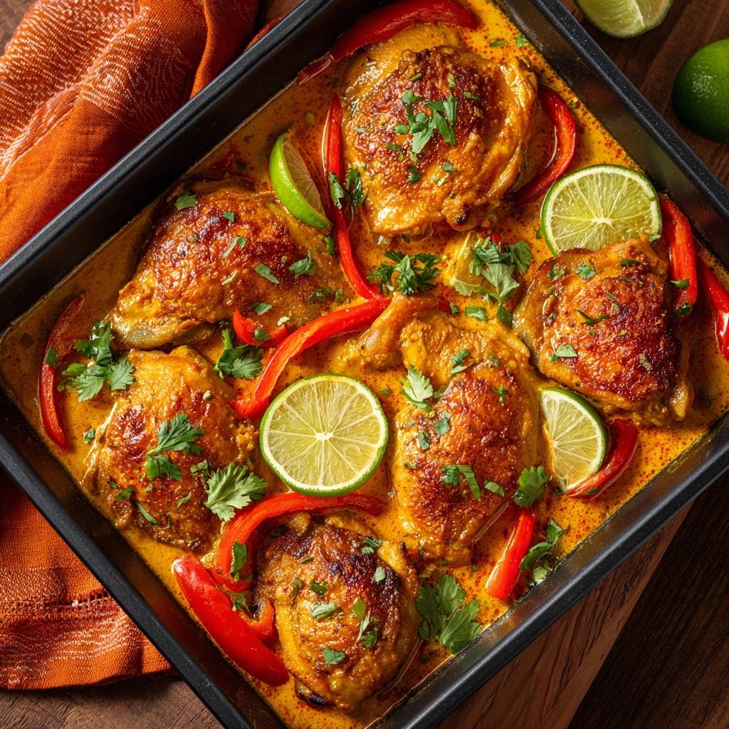 Cremiges Thai Gelbcurry Huhn Aus Dem Ofen Draufsicht 1 Cremiges Thai-Gelbcurry-Hähnchen aus dem Ofen: Eine köstliche Draufsicht des fertigen Gerichts, garniert mit frischem Koriander und Limettenscheiben.