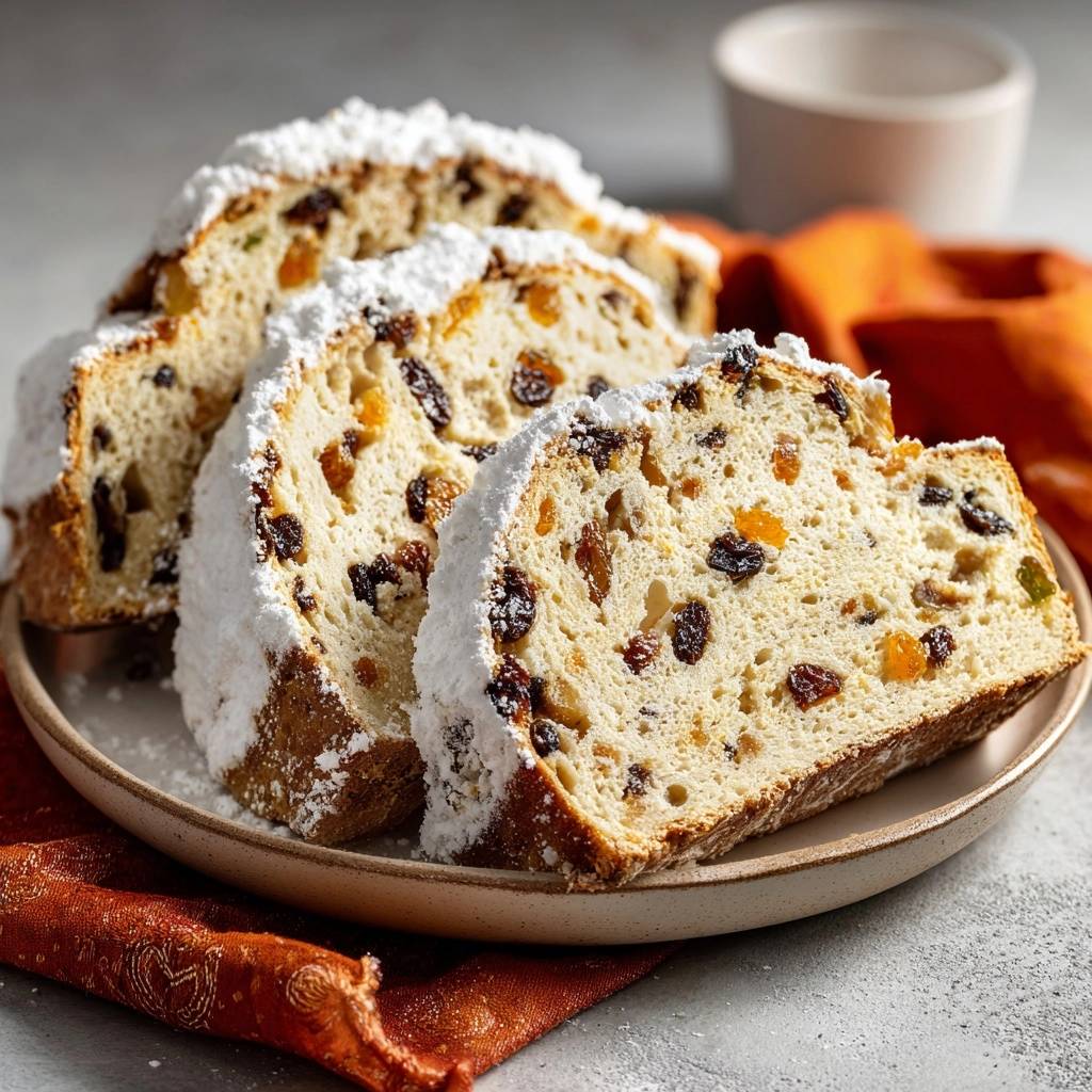 Dresdner Christstollen in Nahaufnahme: Ein saftiger Querschnitt zeigt die Früchte und Nüsse, die in dem Hefeteig gebacken wurden.