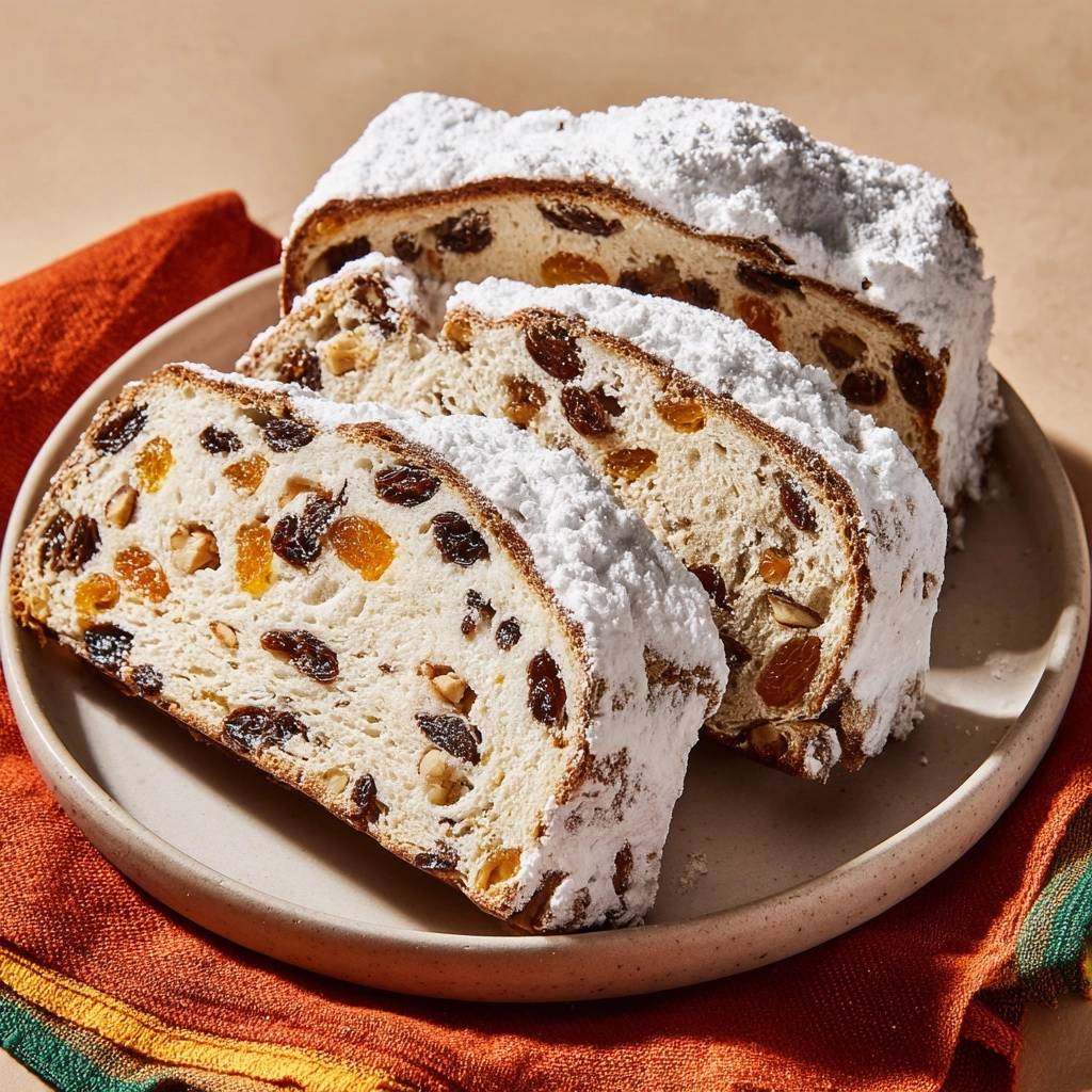 Dresdner Christstollen mit fruchtigem Innenleben, in Scheiben geschnitten und mit Puderzucker bestäubt. Nahaufnahme der saftigen Rosinen und Früchte.