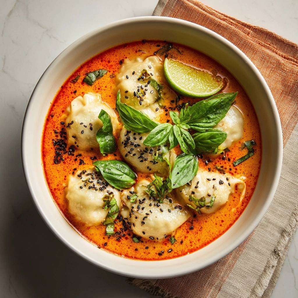 Dumplings in cremiger Roter Curry-Suppe, serviert in einer Schüssel, garniert mit frischem Basilikum, Limette und Sesam.