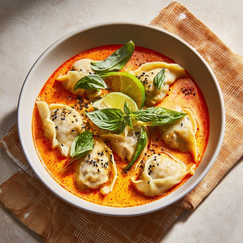 Dumplings in cremiger Roter Curry-Suppe, serviert in einer Schüssel, garniert mit frischem Basilikum und Limettenscheiben, von oben betrachtet.