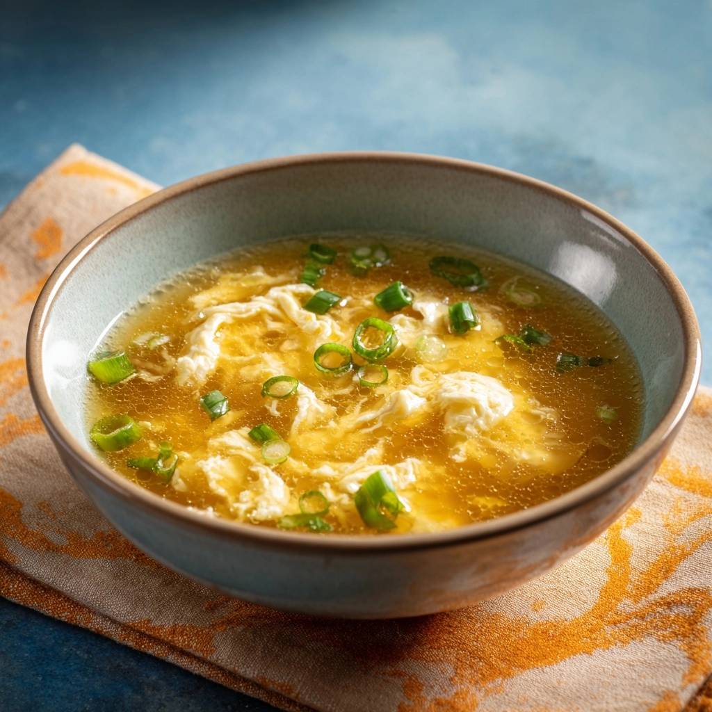 Eierblumensuppe Serviert Mit Frischen Kraeutern 1 Eierblumensuppe, serviert in einer rustikalen Schüssel, garniert mit frischen, grünen Kräutern. Die klare Brühe zeigt die zarten Eierfäden.
