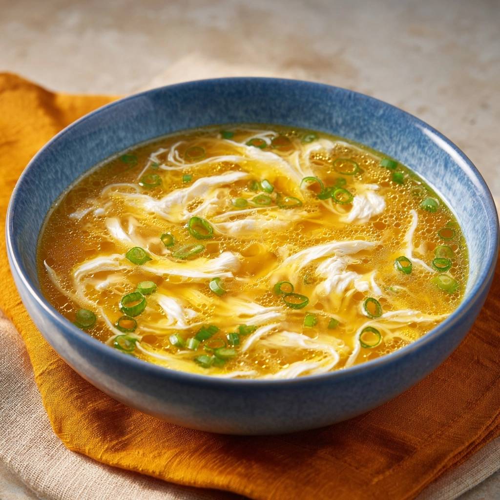 Eierblumensuppe serviert in einer blauen Schüssel, garniert mit frischen Kräutern, die das Gericht frisch und appetitlich aussehen lassen.