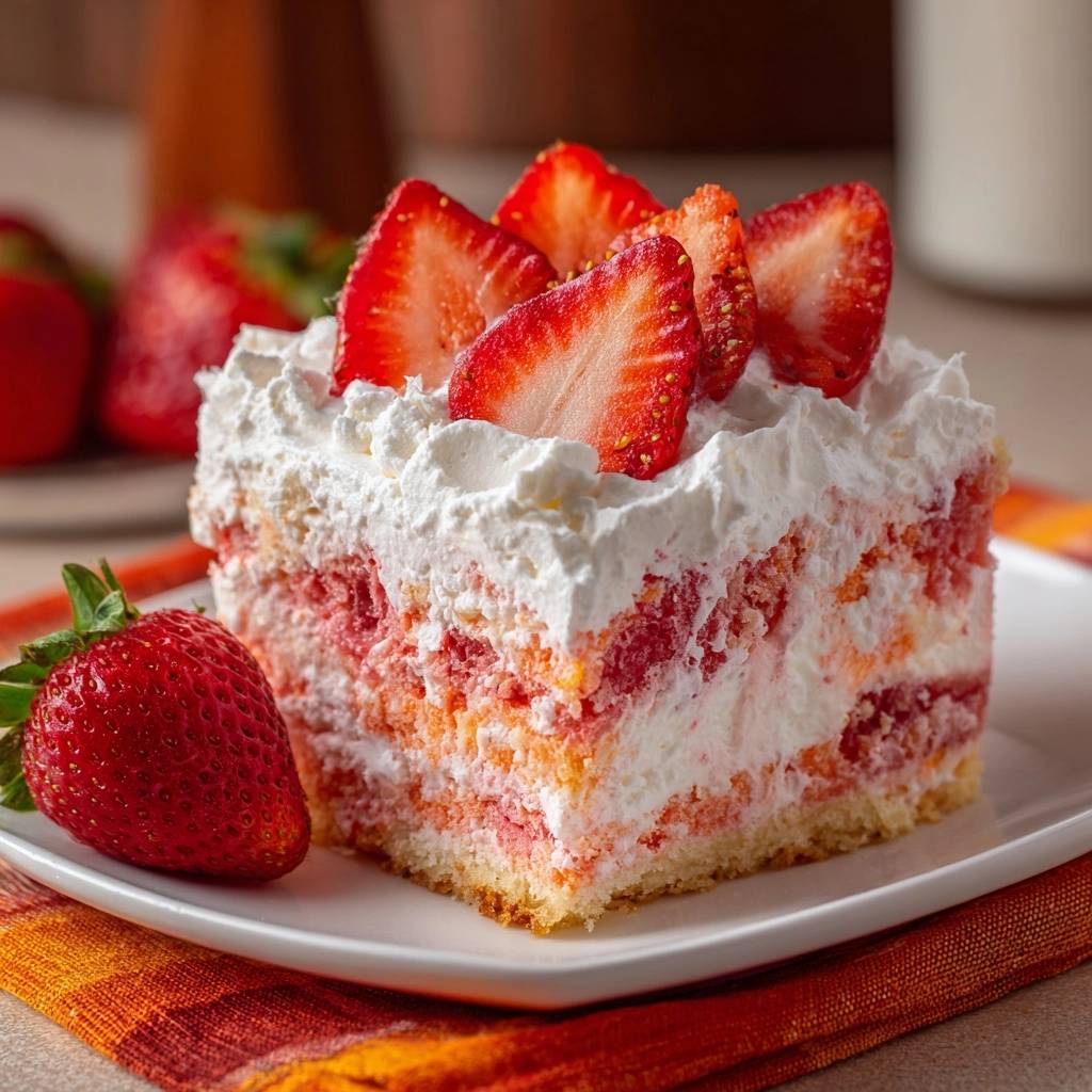 Erdbeer-Sahne-Poke-Kuchen in Nahaufnahme serviert, mit einer einzelnen Scheibe, die den geschichteten Aufbau und die frischen Erdbeeren zeigt.