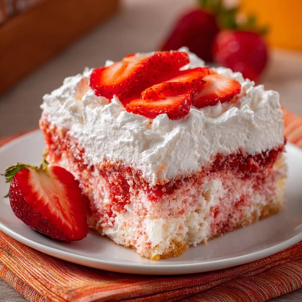 Erdbeer-Sahne-Poke-Kuchen in Nahaufnahme serviert, mit einer einzelnen Scheibe, die den feuchten Kuchen und die cremigen Schichten zeigt.