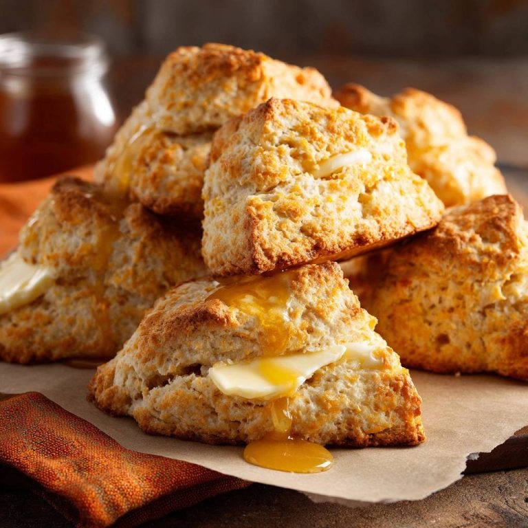 Fluffige Käse-Biscuits mit geschmolzener Butter und Honig beträufelt, in einer Nahaufnahme auf einem rustikalen Holzbrett serviert.