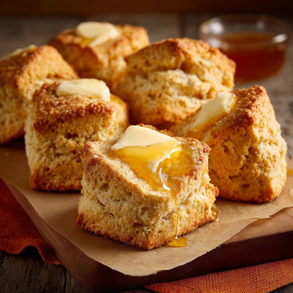 Fluffige Käse-Biscuits in Nahaufnahme mit geschmolzener Butter und Honig, die auf einem rustikalen Holzbrett serviert werden.