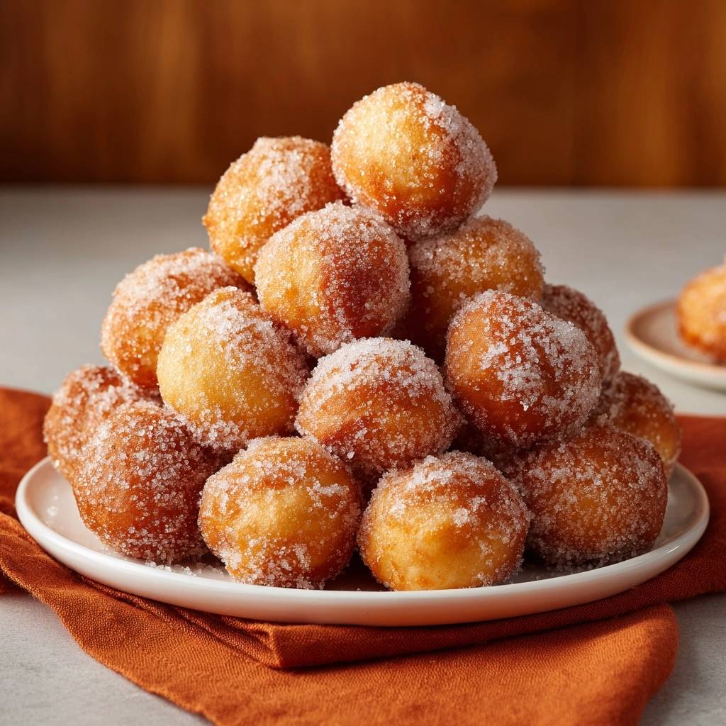 Fluffige Zuckerkrapfen, serviert in einer appetitlichen Pyramide auf einem weißen Teller, sind mit feinem Zucker bestäubt.