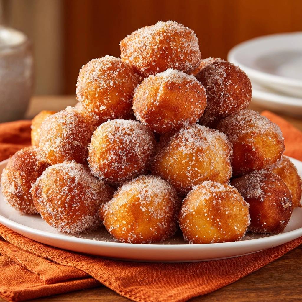 Fluffige Zuckerkrapfen in einer verlockenden Pyramide serviert, reichlich mit Zucker bestäubt und bereit zum Genießen.