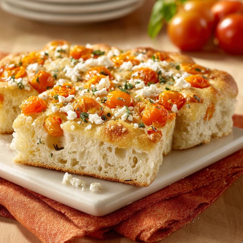 Focaccia mit Tomaten und Feta in Nahaufnahme: Der Anschnitt zeigt die luftige Textur und die saftigen Tomaten.